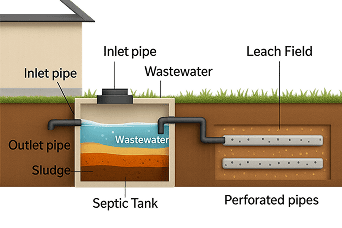Graphic showing underground layers of septic tank for a home, with piping, wastewater and leach field