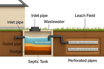 Graphic showing underground layers of septic tank for a home, with piping, wastewater and leach field