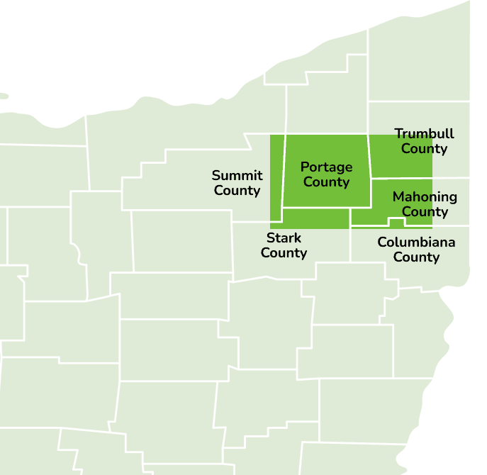 Map highlighting Septic Service Area in Portage County: Atwater, Aurora, Kent, Ravenna, Rootstown, Streetsboro, and more. / Summit County: Green, Hudson, Mogadore, Springfield Township, Stow / Stark County: Alliance, Louisville, North Canton, Uniontown / Trumbull County: Newton Falls, Warren Township / Mahoning County: Canfield, Boardman, Austintown / Columbiana County: Salem, Sebring, Salem Township