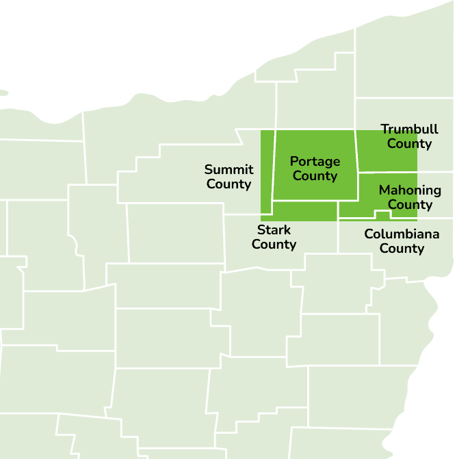 Map highlighting Septic Service Area in Portage County: Atwater, Aurora, Kent, Ravenna, Rootstown, Streetsboro, and more. / Summit County: Green, Hudson, Mogadore, Springfield Township, Stow / Stark County: Alliance, Louisville, North Canton, Uniontown / Trumbull County: Newton Falls, Warren Township / Mahoning County: Canfield, Boardman, Austintown / Columbiana County: Salem, Sebring, Salem Township