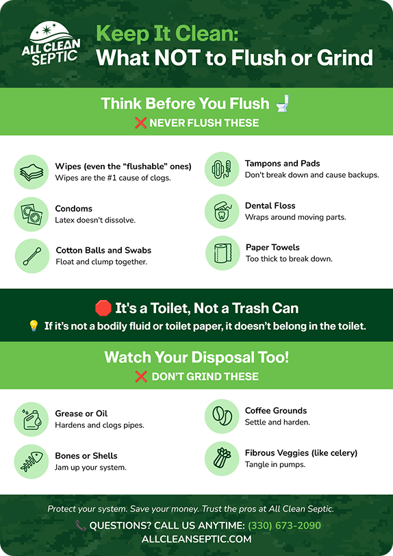 Infographic by All Clean Septic titled “Keep It Clean: What NOT to Flush or Grind.” It lists common household items that should never be flushed or put in a garbage disposal. Under “Think Before You Flush,” it says never flush wipes (even “flushable” ones), condoms, cotton balls and swabs, tampons and pads, dental floss, or paper towels. It adds: “It’s a toilet, not a trash can — if it’s not a bodily fluid or toilet paper, it doesn’t belong in the toilet.” Under “Watch Your Disposal Too,” it warns not to grind grease or oil, bones or shells, coffee grounds, or fibrous veggies like celery. The footer says: “Protect your system. Save your money. Trust the pros at All Clean Septic.” Contact info: (330) 673-2090, allcleanseptic.com